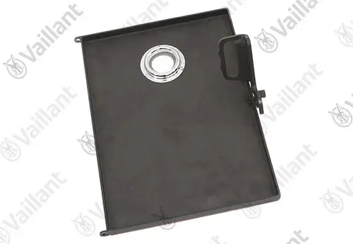 Schwarze Metallplatte mit runder Aussparung und Halteclip. Hersteller Vaillant. Eignet sich wahrscheinlich als Bestandteil eines Heizsystems.